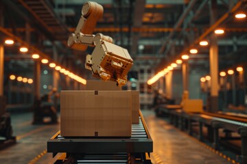 Poster - A warehouse robot arm handles packaging tasks with efficiency, fusing technology and logistics.