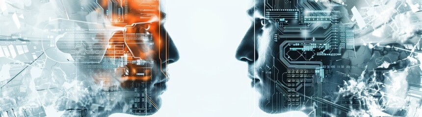 Poster - Face-to-face humanoids created by AI. Banner.