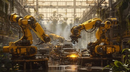 Poster - Robot arms working in industrial factory production lines