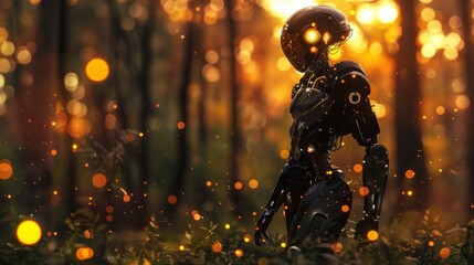 Poster - A humanoid robot roaming in the pine forest at dusk and sunset