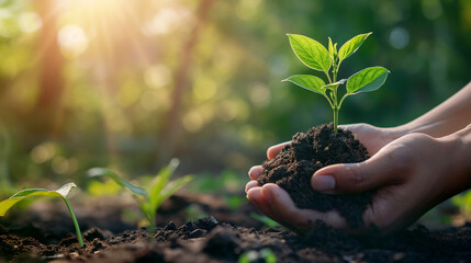 A pair of hands cupping a fresh seedling, symbolizing environmental stewardship and the green economy on Earth Day