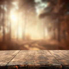 Poster - Forest in autumn time background. Empty wooden table with copy space for products.