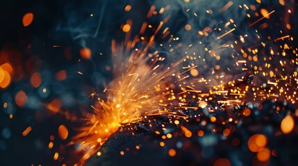 Poster - The factory floor is filled with industrial robots welding metal parts, emitting sparks and demonstrating automated manufacturing precision.