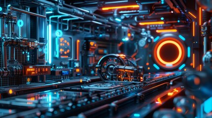 Poster - Factory with fully automated robot assembly, cold light, modern future, high resolution, neon lights. Stock.