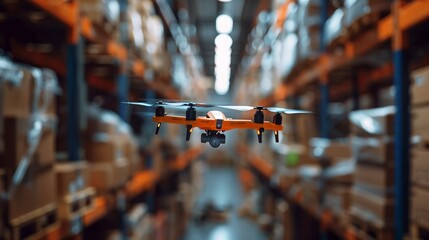 Wall Mural - Inventory checks, barcode scanning, and logistics management system updates are conducted by drones in a warehouse.