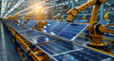 Poster - Robot arms automate the assembly of solar panels on a production line in a modern factory