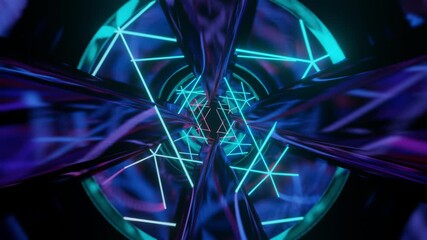 Wall Mural - Abstract background 3D animation moving through shiny glass metal and neon lights tunnel, loop