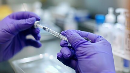 Aufkleber - A gloved hand holds a syringe filled with clear liquid, while another gloved hand steadies the syringe.