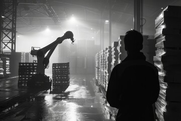 Poster - an industrial robot and a man are facing off in a dark warehouse filled with robotic arms and machin