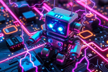 Wall Mural - An electric robot stands in front of a circuit board with glowing eyes