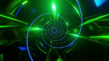 Wall Mural - Abstract background 3D animation moving through shiny glass metal and neon lights tunnel, loop