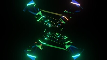 Wall Mural - Abstract background 3D animation moving through shiny glass metal and neon lights tunnel, loop
