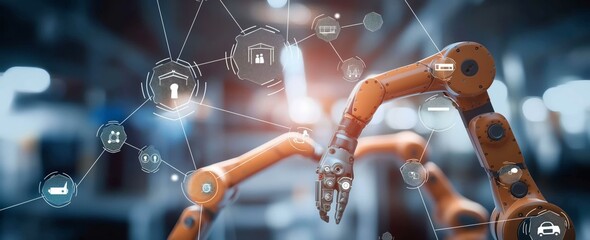 Poster - Robotic arms with digital network icons representing industry 4.0.