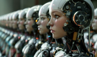 Poster - A high-resolution, realistic depiction of a lineup of humanoid robots, focusing on one with detailed facial features and mechanical components.