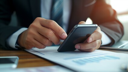 Poster - A businessman in a suit using a smartphone to send a text message while working on documents.