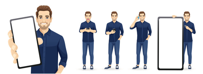 Portrait of young handsome man wearing blue shirt and jeans holding mobile phone, talking, texting and showing empty screen isolated set vector illustration