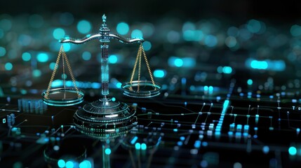 Digital Scales of Justice: The Intersection of Law and Technology. Concept Law, Technology, Digital Justice, Legal Innovation, Ethical Dilemmas