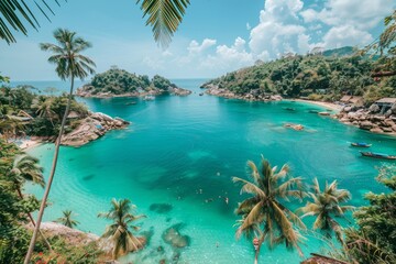 Canvas Print - Tropical Paradise Beach with Crystal Clear Water Lush Palm Trees and Vibrant Blue Sky Capturing the Beauty of an Idyllic Island Escape