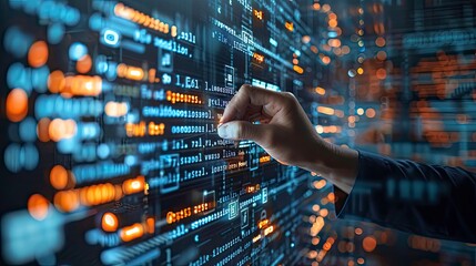 Close-up of a programmer writing algorithms on a transparent digital screen with lines of code visible