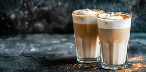 Two coffee cups with cream and sugar on a table. Doublebottomed glasses hold coffee drinks like cappuccino and latte against a dark backdrop. Coffee Photography, Double-bottomed Glasses, Cappuccino,