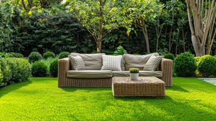 large green lawn with the wicker sofa and the low table in the center, generative ai