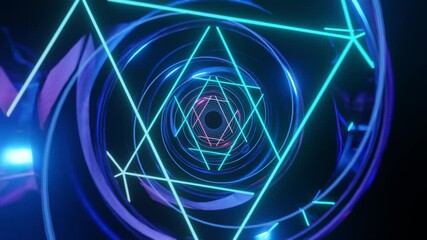 Wall Mural - Abstract background 3D animation moving through shiny glass metal and neon lights tunnel, loop
