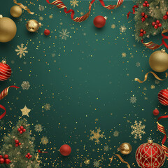 Poster - Square banner with gold and red Christmas symbols, tree, balls, tinsel confetti, snowflakes on green background