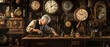 © Ai Studio - An elderly clockmaker focused on repairing a classic clock amidst a sea of vintage timepieces on a wooden workbench in a cozy, dimly-lit workshop.