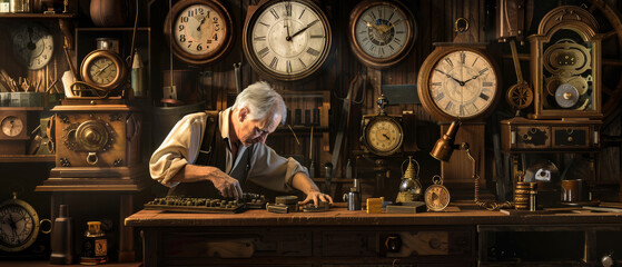 An elderly clockmaker focused on repairing a classic clock amidst a sea of vintage timepieces on a wooden workbench in a cozy, dimly-lit workshop.