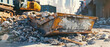 © Ai Studio - An abandoned, rusted dumpster sits amidst piles of concrete rubble in an urban construction site, under the warm city sunlight.