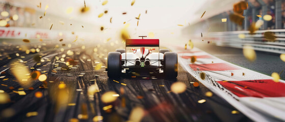 A Formula 1 car speeds down a track as golden confetti flies through the air, symbolizing victory and celebration at the racetrack.