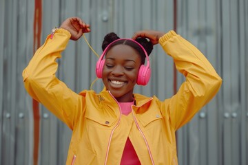 Wall Mural - An attractive black girl with curly hair, glasses, 90s and 80s retro hip-hop style, dance against a metal wall, dynamic and expressive.