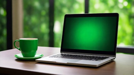 Aufkleber - Laptop and cup of coffee on the table. the laptop screen only displays a green screen