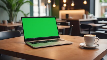 Aufkleber - Laptop and cup of coffee on the table. the laptop screen only displays a green screen
