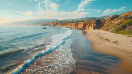 Wall Mural - Idyllic Coastal Beach Scene at Sunset with Scenic Cliffs and Waves