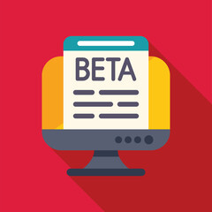 Poster - simple colorful icon of a desktop computer displaying beta software version interface on screen
