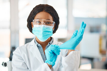 Poster - Healthcare, virus and woman in portrait with gloves, safety and investigation for medical diagnosis. Laboratory, black doctor and experiment with face mask, hands or glasses for protection in clinic