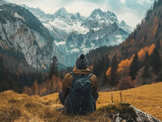 Wall Mural - Hiker enjoying the view of the valley from the top of a mountain with backpack