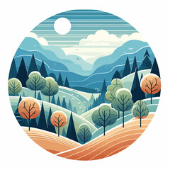 Wall Mural -  vector of landscape with rolling hill and trees  mountains and clouds