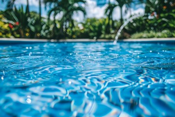 Wall Mural - Sparkling Blue Pool Water in Sunlit Tropical Garden Offering a Refreshing and Inviting Outdoor Setting