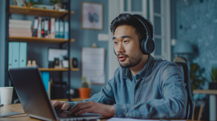 Asian man working on laptop.