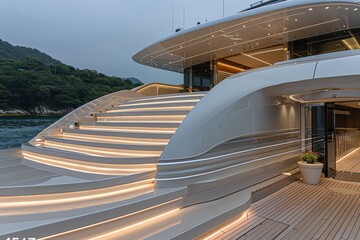 Sticker - Luxurious Superyacht with Elegant Design and Pool Deck at Sunset Offering a Lavish and Scenic Maritime Experience