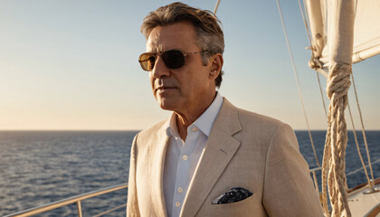 Wall Mural - middle-aged man on a yacht with glasses and a linen suit