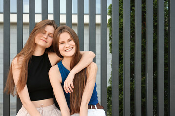 Canvas Print - Two beautiful twin sisters in near metal fence outdoors