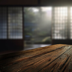 Wall Mural - empty wooden table background and window with copy space for products. natural window light in home 