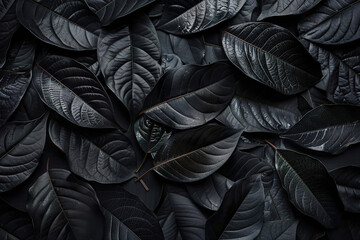 Wall Mural - A close up of black leaves with a dark background.