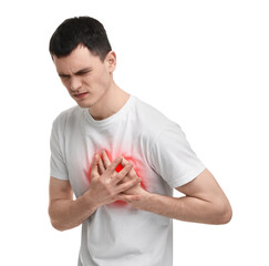 Wall Mural - Man suffering from pain in chest on white background. Heart disease