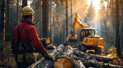 Canvas Print - A man in a red jacket stands next to a large yellow excavator