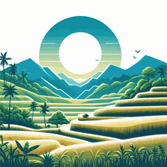 Wall Mural -  vector of landscape with rolling hill and trees  mountains and clouds