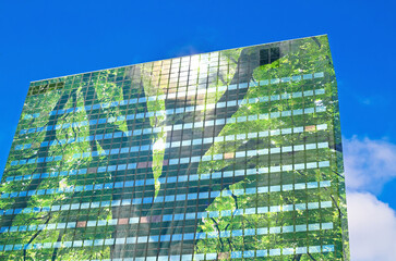 Wall Mural - Environment. Modern building and green tree, double exposure